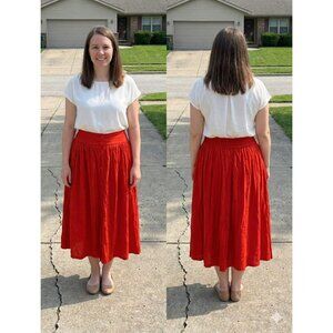 Vintage Broadway Rose Red Midi Skirt Rayon Button Front Elastic Waist Boho